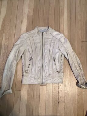 Lucky Brand Cream genuine Soft Leather Zip-Front Moto Jacket